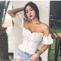 New Arrival Boho Sexy Summer Crop Top Womens Tops and Blouses Puff Sleeve Off Shoulder Lace Up Beach Shirt blusa feminina 210317