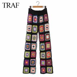 TRAF Women's Clothes Pants Handmade Crochet Sexy Hollow Out Black Square Motif 4 Season Women Special 211115