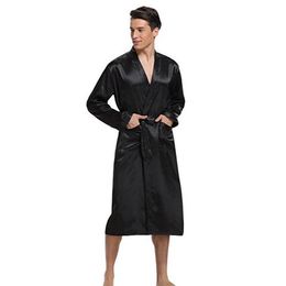 Men's Sleepwear Black Men Satin Rayon Robe Gown Solid Colour Kimono Bath Nightwear Lounge Casual Male Nightgown Home Wear