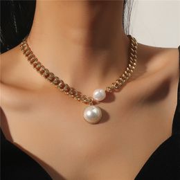 Punk Miami Cuban Curb Chain Necklaces for Women Gothic Round Pearl Pendant Necklace Fashion Accessories Jewellery New