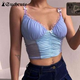 SUCHCUTE women's T-shirts bow ruffles basic tee with stap E girl summer gothic vintage tops female streetwear 90s clothe 210324