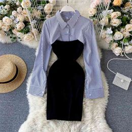 Women's Spring Autumn Dress Korean Style Striped Contrast Colour Stitching Shirt Long Sleeve Slim Short es GX542 210507