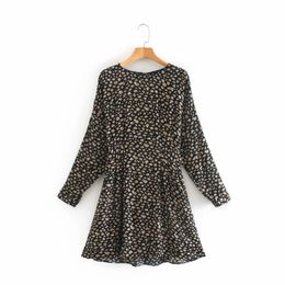 Donna Vintage Leopard Print Sashes Mini abito allentato Donna O Collo Abiti a maniche lunghe Casual Lady Vestido D6772 210430