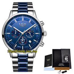 LIGE eternity LG9877 Sport Mens Watches Date Blue Dial Japan VK Quartz Chronograph Movement Men Watch Steel Case Two Tone Stainless Bracelet