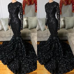 Black Long Sleeves Evening Dresses Mermaid Sparkly Sequins Floral Sweep Train Jewel Neck Custom Made Plus Size Prom Party Gown Vestido