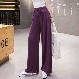 Slacks Women Loose Summer Pants Soft Ice Silk Ankle-Length Solid Colour Wide Leg Pants High Quality High Waisted Trousers Female 210527