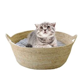 Cat Bed Basket Nest Grass Woven Pet Sleeping Bed House Nesting Rest Cute Fun Scratcher Scratching Scratch Mat Pad Puppy Indoor 210713