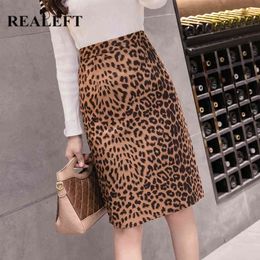 Autumn Winter Suede Skirts Leopard Printed Sheath Wrap High Waist Pencil Midi Skirt Back Split Womens 210428