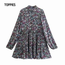 Blooming Flowers Print Blouses Dresses Women Long Sleeve Mini Dress Spliced Pleated Hem 210421