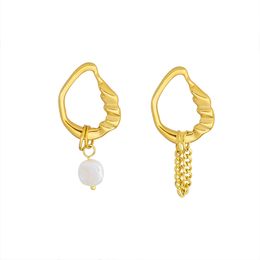 Special Shape Pearl Charm Earrings Asymmetrical Ear Stud Titanium Steel Jewelries with Chains Pearls