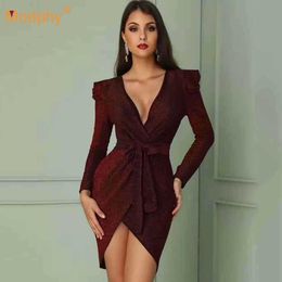 Autumn and Winter Sexy Long Sleeve V-neck Bow Sequined Irregular Bodycon Dress Women's Club Evening Party Vestidos 210527