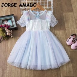 Summer Teenager Girls Dress Short Puff Sleeves Solid Color Mesh Princess Kids Sweet Style Clothes E2051 210610