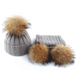 2021 Fashion Children Winter Big Fur Pompom Hats Baby Warm Knitted Hat For Kids Girls Boys Pom pom Beanie Cap Y21111