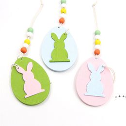 Easter wooden Hanging Pendant Solid Color Egg Rabbit Shaped Hanging Ornament Easter Home Decoration RRE10990