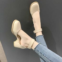 Block Heels Closed Toe Sandals Fashion Womens Shoes Med All-Match Shallow Mouth Suit Female Beige y Women's Luxury 210624