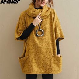 DIMANAF Women Sweatshirts Tops Scarf Pullover Turtleneck Knitted Winter Casual Loose Oversize Batwing Sleeve 8 Colours 211220