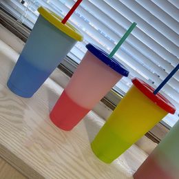 100pcs Creative 24oz Temperature Color changing Magics mug Reusable Magic Coffee cup Plastic Drinking Tumblers with Lid and Straw 700ml Mugs EWA4