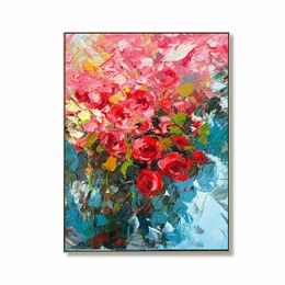 Home Decorative Abstract Wall Art Modern Red Rose Flower Oil Painting on Canvas Hand Painted Pictures Posters for Sofa, Kitchen,Dinning Room,No Frame