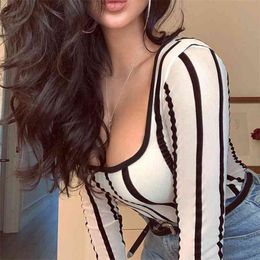 OMSJ High Street Mesh Sheer Sexy White Bodysuit Women Long Sleeve Striped See-through Bodycon Rompers Clubwear Outfits 210517