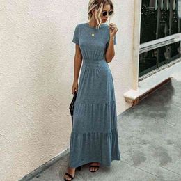 Long Summer Dress Women Pleated Elegant Maxi Party Dress Ladies Sundress Floor Length Short Sleeve Casual Robe Femme 210325