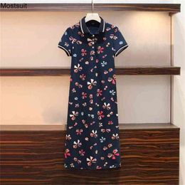 Short Sleeve Eletant Summer Floral Dress For Women Cotton T-shirt Plus Size Turn Collar Tunic Party es 210513