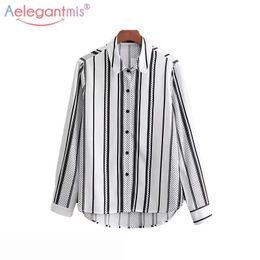 Aelegantmis Fashion Summer Office Lady Loose Striped Blouse Women Black White Long Sleeve Blouses Ladies Casual Shirts Tops 210607