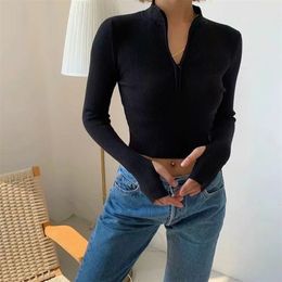 High Neck Zipper Front Knitted Sweater Women Solid Pullover Winter Spring Top 210324