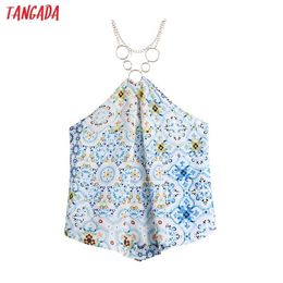 Tangada Women Fashion Metal Halter Asymmetry Blouses Vintage Halter Neck Backless Female Shits Chic Tops BE91 210609