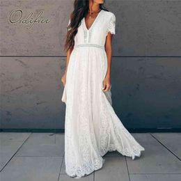 Ordifree Summer Vintage Women Maxi Party Dress Short Sleeve White Lace Long Tunic Beach Dress Vocation Holiday Clothes 210323