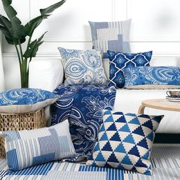 Wholesales Linen Pillow Cover Cushion Vintage Blue Geometric Triangle Floral Home Decorative Case 45x45cm/30x50cm Cushion/Decorative