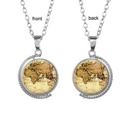 Earth World Map Time Gem Pendant Necklace Double Sided Glass Cabochon Rotating Sweater Chain Fashion Jewelry for Men Women Kid Gift