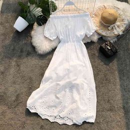 Korea Chic Summer Beach Bohemia Breast Wipe Slash Collar Hollow Dress Woman White Elegant Vestidos F081 210527