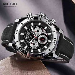 MEGIR Men's Army Sports Chronograph Quartz Watches Leather Strap Luminous Waterproof Wristwatch Man Relogios Clock 2094 Silver 210329