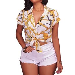 Womens Tops and Blouses 2021 Summer Casual Short Sleeve Chain Print Blouse Shirt Elegant Ladies Tops Tunic Blusas Mujer S-XL 210317