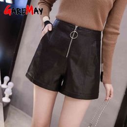 autumn winter women's leather shorts black high waist korean style plus size PU female for 210428