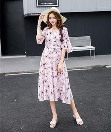 Maternity Dresses Summer Chiffon Flower Print Elegant Clothes Horn Sleeves V-neck Pregnancy Women Dress Fashion Belt