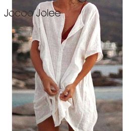 Jocoo Jolee Women Loose Round Neck Solid Half Sleeve Buttons Summer Casual Blouse Basic Office Lady Beach T-Shirts Plus Size 210619