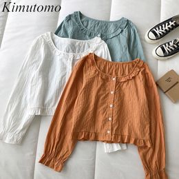 Kimutomo Chic Fungus Short Shirt Women Spring Korean Style Ladies Solid O-neck Single Breasted Long Sleeve Top Fashion 210521