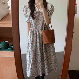 21 Summer Fashion Party Elegant Casual Gentle Small Fresh Lace Large Lapel Stitching Floral Puff Sleeve Dress 16F1159 210510