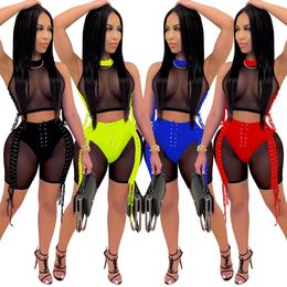 CM.YAYA Women Lace Up Sexy Mesh See Though Patchwork Tops & Shorts Suit Club Party Night Tracksuit Two Piece Set FitnOutfits X0428