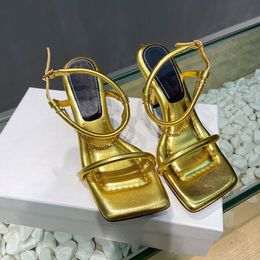 Sexy Red Metal Chain Decoration High Heel Sandals Genuine Leather Square Peep Toe Strap Sandal Summer Ladies Dress Shoes