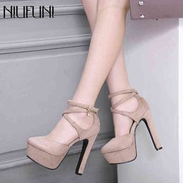 NIUFUNI 2022 Fashion 14CM Ultra High Heels Sweet Round Toe Platform Pumps Flock Cross-Tied Women Sandals Summer Shoes Woman Y220209