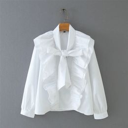 Women Cascading Ruffle V-Neck Bow Tie White Shirt Smock Femme Long Sleeve Blouse Casual Lady Loose Tops Blusas S8089 210323