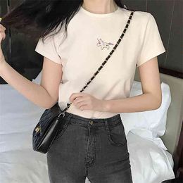 Fashion embroidery T-Shirt Female Solid Cotton O-Neck Short Sleeve T-shirts for Women White black women fashion tops 210507