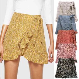 Lady Summer Skirts High Waist Lace-Up Foral Printed Flared Skirt Casual Party Leopard Irregular Ruffles Zipper Short Mini 210604