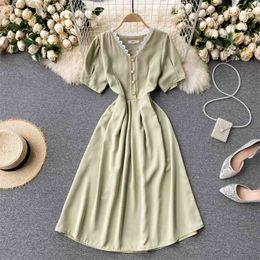 Summer French Fashion Vestidos Women's Lace V-neck Breasted Midi Dress with Waist Thin Temperament GK239 210506