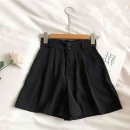 Summer Women Casual Solid Black High Waist Shorts Office Lady Elegant Buttons Elastic Wide Leg 210430