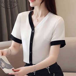 V Neck Women Tops Casual Short Sleeve Solid Shirt for Korean Fashion Clothing Summer White Chiffon Cardigan Blouse 9567 210508