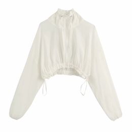 Casual Women High Collar Loose Short Blouse Crop Top Stylish Female Long Sleeve White Shirt S7333 210430