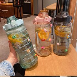 NEW2L Sports Water Bottle with Straw Portable Large Capacity bottles Fitness Bike Cup Summer Cold Waters Jug with Time Marker RRA12017